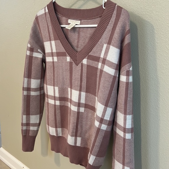 Christian Siriano Sweater Womens XS Light Cream Tan V Neck Plaid Pullover - Picture 7 of 10